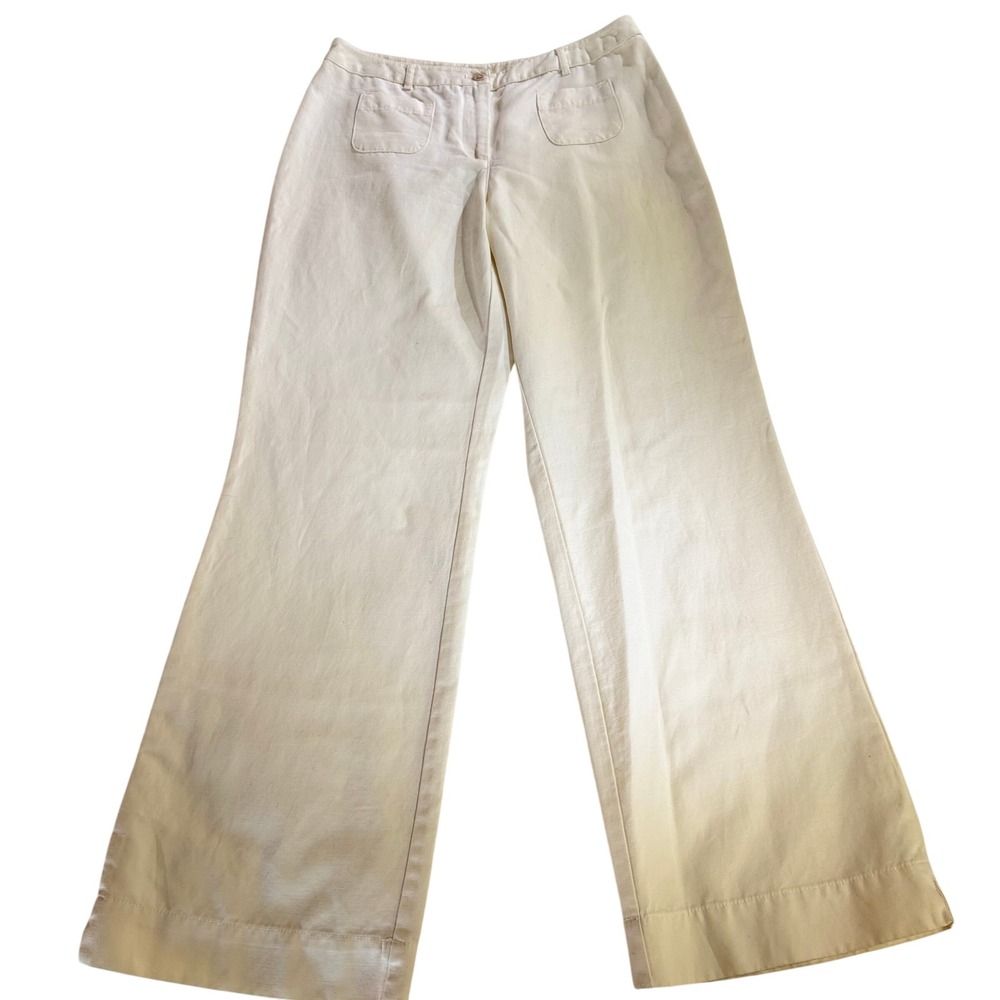 J. Jill Cream Cotton Linen Blend Wide Leg Trousers Pants 10 Sailor Patch Pockets